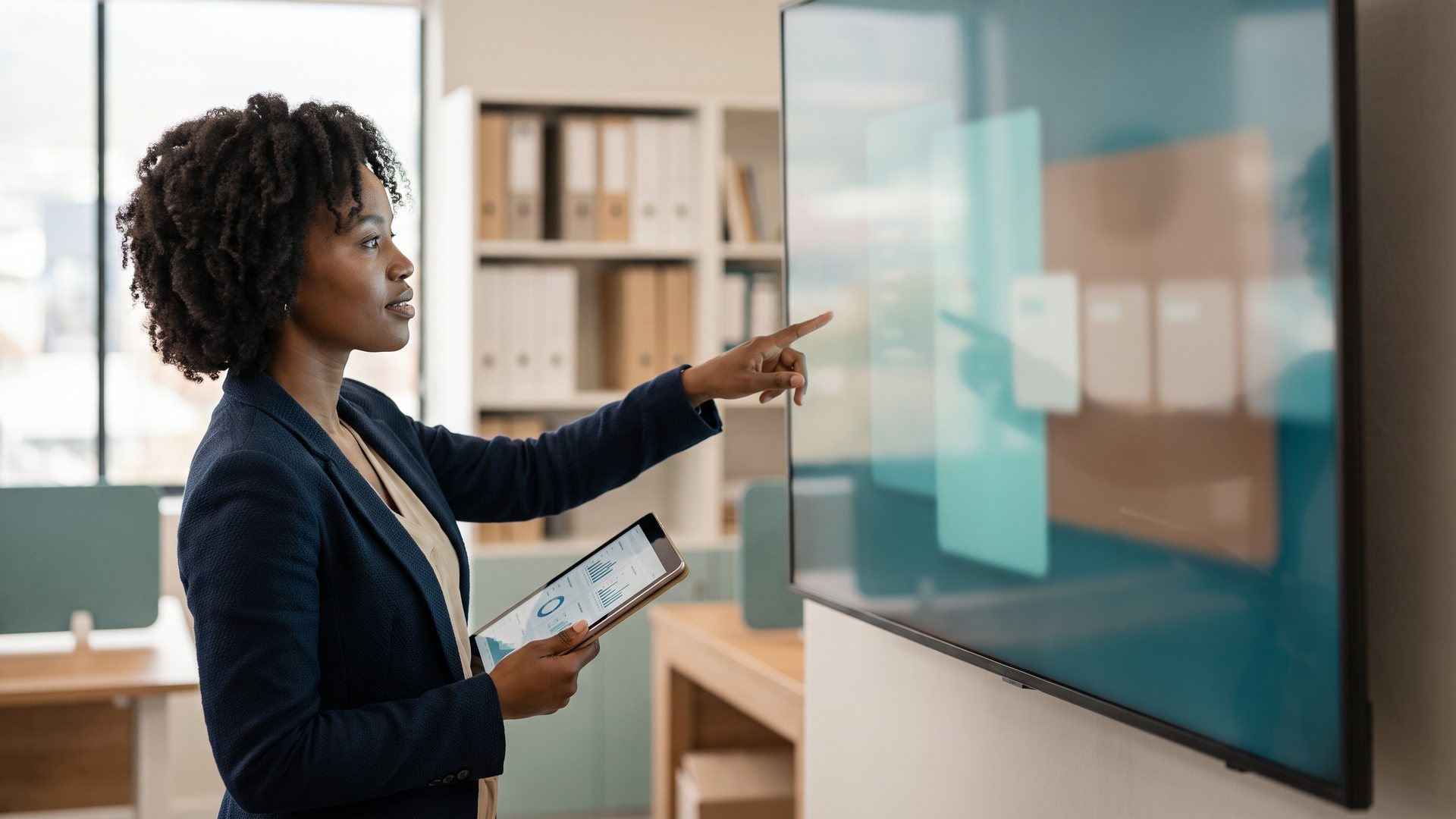 Knowledge manager reviewing verified reference content on a large display